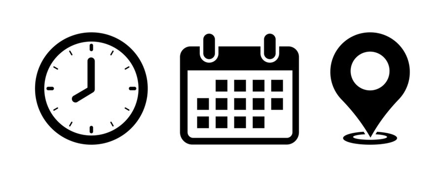 Time, date and location icon. Simple illustration of clock, calendar, and address pin marker signs for deadlines, meetings, time management, scheduling, appointment, business planning, and reminders.