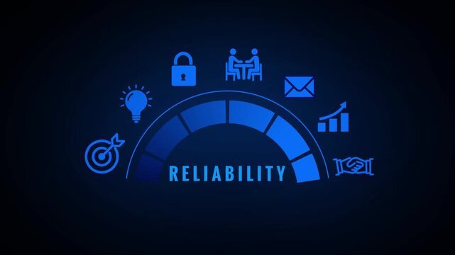 A blue gauge displaying reliability with for goals lightbulb security partnership communication growth and handshake on a dark blue background Keywords: reliability gauge meter indicator level