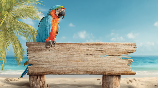 Parrot beach tropical summer palm ocean wood blue exotic parrot on rustic wooden sign near tropical beach under blue summer sky