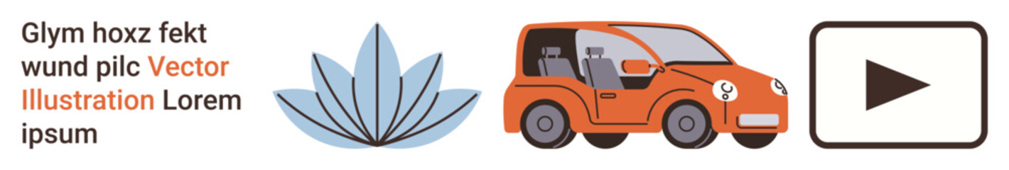Sustainability, renewable energy, electric vehicles, media access, green solutions, technology icons. An orange electric car, a blue leaf symbol and a play button graphic. Renewable energy