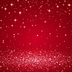 Radiant red background stars shimmer, glitter sparkles. Celebration ambiance. Festive backdrop for holiday designs