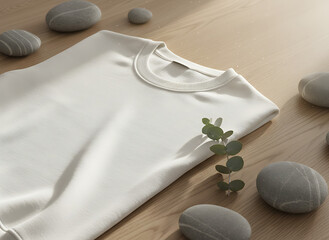 White t-shirt mockup folded on wooden table with natural stones and eucalyptus leaf in minimalist organic setting