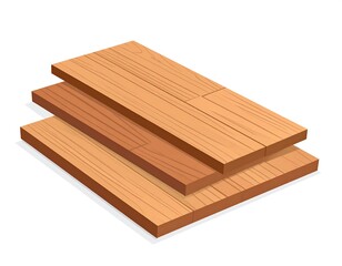 Stack of three light brown wooden planks with realistic wood grain texture isolated on white background