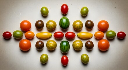 Vibrant assortment of fresh cherry tomatoes arranged artfully, showcasing a spectrum of red, orange, yellow, and green hues, emphasizing healthy eating and culinary appeal