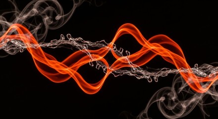 Dynamic abstract composition of fiery orange and smoky grey wavy lines on a dark background, suggesting energy and movement.