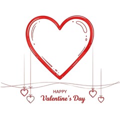 Cute hand-drawn red outline heart doodle with "Happy Valentine's Day" text and hanging small hearts, a simple romantic graphic illustration.
