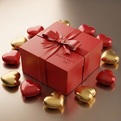 Elegant Red Valentine's Day Gift Box with Bow Surrounded by Golden and Red Hearts, Symbolizing Love and Romance for Special Occasions.