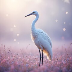 Naklejka premium Graceful White Egret in a Dreamy Pastel Meadow at Soft Morning Light