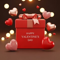 Festive Red Valentine's Day Gift Box with Bow Surrounded by Rose Gold and Striped Hearts and Warm Bokeh Lights, Creating a Romantic and Cozy Atmosphere.