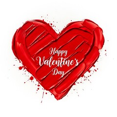 Textured Red Paint Heart Illustration with Splatters and "Happy Valentine's Day" Text, Symbolizing Passionate Love and Artistic Romance on White Background.