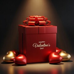 Luxurious Red Valentine's Day Gift Box with Elegant Calligraphy and Gold Hearts, Symbolizing Love and Affection Against a Dark, Atmospheric Background.