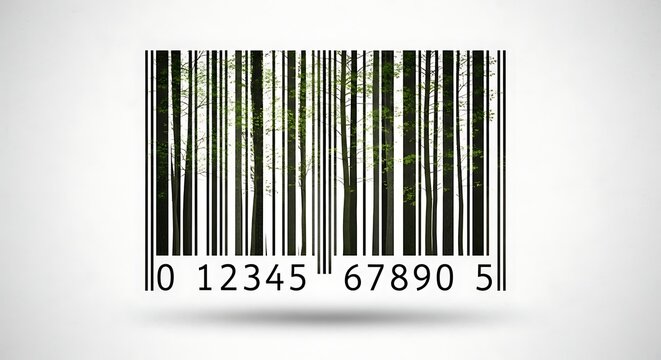 A barcode with a forest landscape integrated into its bars, symbolizing nature and commerce intertwined