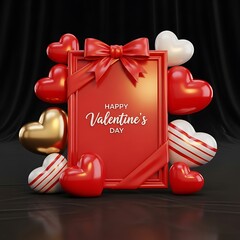Happy Valentine's Day elegant red frame with a ribbon bow surrounded by glossy red, white, and gold hearts, a luxurious 3D render.