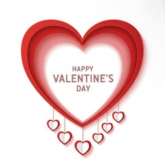 Layered paper cut style red heart design with "Happy Valentine's Day" and dangling small heart outlines on a clean white background.