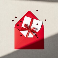 Flat lay of a red envelope containing a white card tied with a red ribbon and small heart confetti, symbolizing a love letter or Valentine's Day gift.