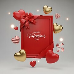 Elegant red frame with "Happy Valentine's Day" and a ribbon, surrounded by floating glossy red, gold, and striped hearts with bokeh lights.