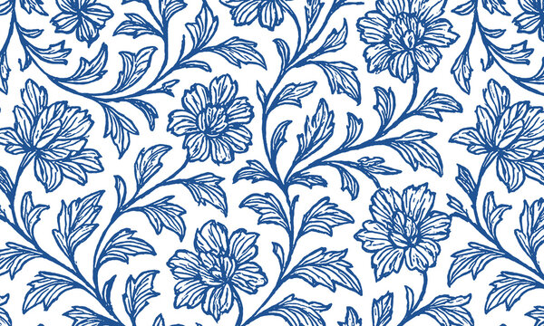 A classic cobalt blue floral outline pattern on a crisp white background inspired by vintage porcelain and toile de jouy style.