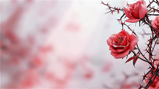 Red rose flower bloom with sharp thorny stem and vibrant red petal on soft blurred nature background creating romantic delicate plant atmosphere