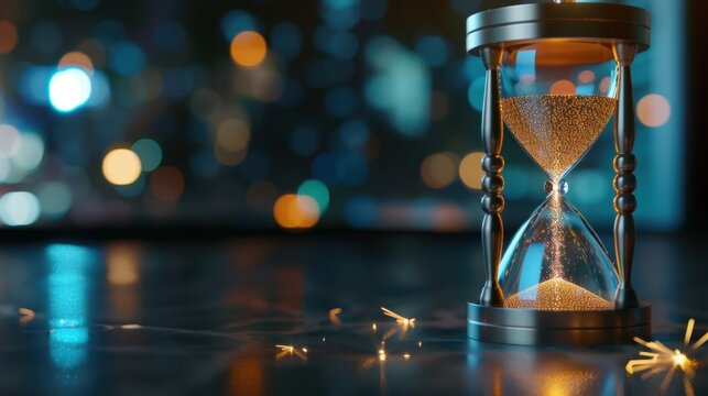 Elegant hourglass with flowing sand on illuminated background showcasing the concept of time and its passage in a dreamy environment