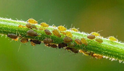 Fototapeta premium Aphids on Green Stem Closeup.