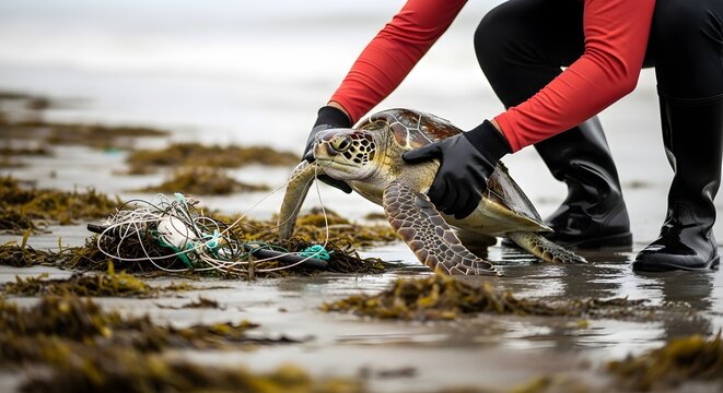 Person in black gloves holding saving sea turtle, freeing animal from tangled net, kneeling on wet beach sand, shoreline with ocean debris environment, wildlife photography