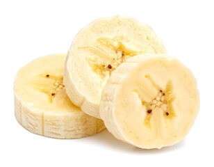 Stacked banana slices on a white surface, exhibiting soft edges and delicate textures