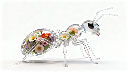 Fototapeta premium Transparent crystal ant carrying a botanical garden inside, conceptual art.