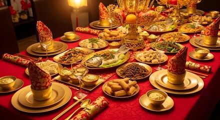 Luxurious Festive Dinner Table with Golden Plates and Abundant Dishes.