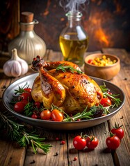 Roasted chicken served with tomatoes and herbs, sitting on a wooden surface against a blurred warm background