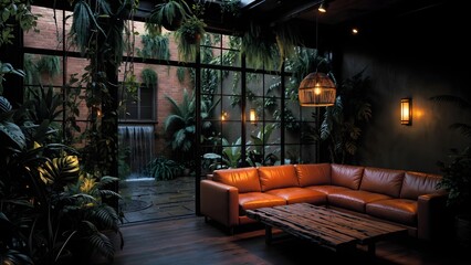 Naklejka premium A cozy tropical living room with glass walls, ambient lighting, lush plants, and modern furniture.