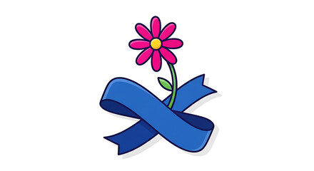 Obraz premium Vibrant pink flower with blue ribbon symbolizing hope and awareness on white background
