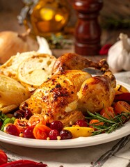 Roasted chicken dish plated with colorful veggies and bread on a rustic table with blurred background elements