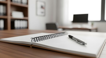 Open Notebook and Pen on Wooden Desk in Office Setting.