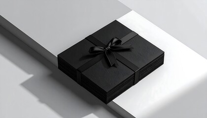 Stacked black square gift box with ribbon on geometric white platforms, shadowed