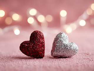 Fototapeta premium Two sparkling heart decorations on pink blurred background, minimalist Valentine composition, shiny love symbol for proposal or engagement theme social media post 