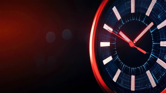 Digital clock face glowing red and blue lights showing time in futuristic style symbolizing technology precision vibrant dynamic atmosphere urgency