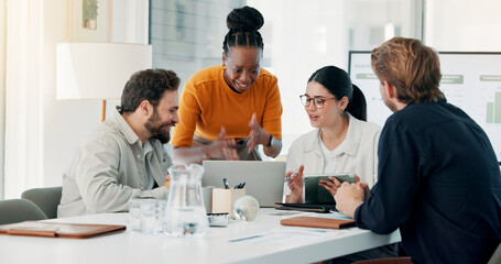 Meeting, laptop and team of business people in office for finance report with budget planning....
