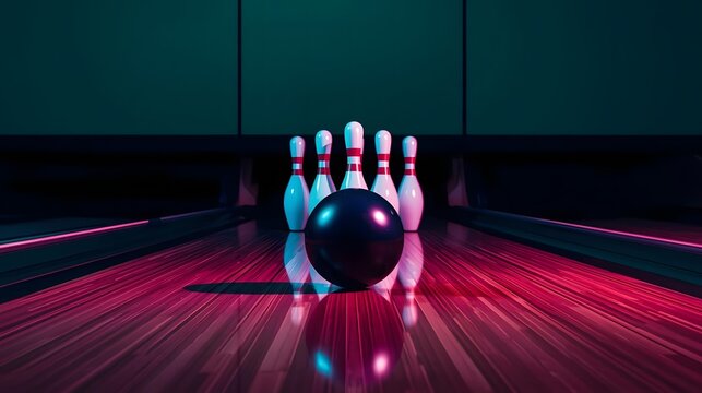 Bowling ball and white pins in sports lane for game and hobby