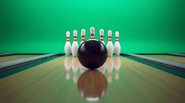 Bowling ball hitting white pins in sports lane for game and hobby