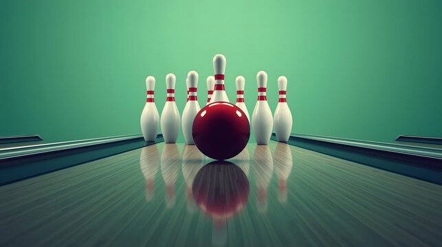 Bowling ball knocking down pins in sports lane for game and hobby