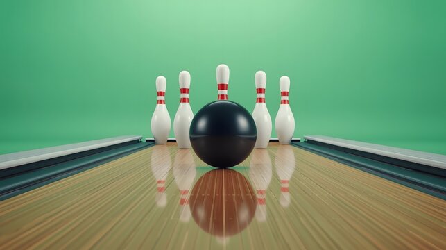Black bowling ball rolling to pins in sports lane for game hobby