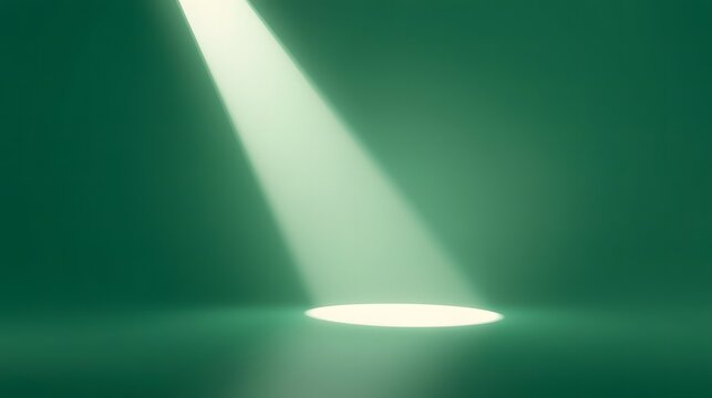 Empty stage with one bright spotlight on a simple light green background