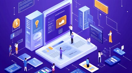 Obraz premium Isometric Digital Workspace with Multiple Devices and People.