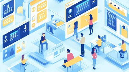 Obraz premium Isometric Office Scene with People Working on Computers.