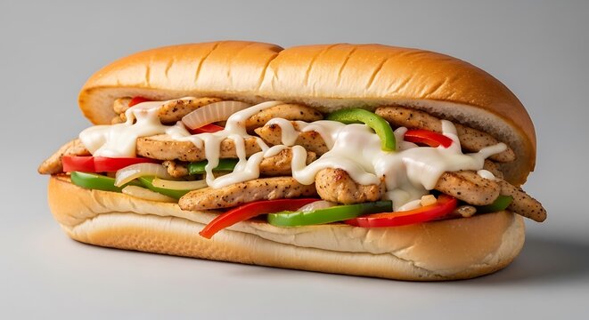 Delicious chicken philly sandwich with grilled chicken, peppers, and cheese on a crusty sub roll