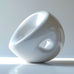 A modern white sculptural chair with a smooth, organic shape resting on a light gray surface