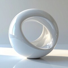 A lustrous, smooth, white, abstract geometric sphere with a hollow, twisted, M&ouml;bius strip-like interior, casting soft shadows on a reflective surface