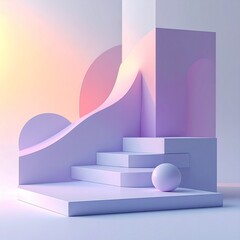 A Minimalist 3D Render of a Pastel Staircase and Sphere on a Clean White Platform Under a Soft Gradient Light