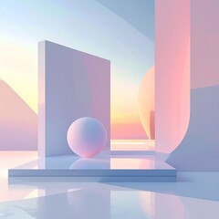 Dreamy Pastel Landscape with Geometric Shapes and Sphere