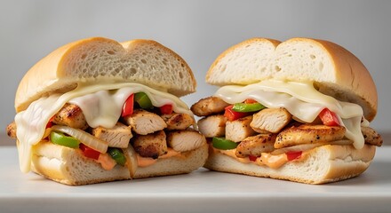 Delicious chicken philly sandwich with grilled chicken, melted cheese, and sautéed peppers on a crusty bread roll, served on a white background